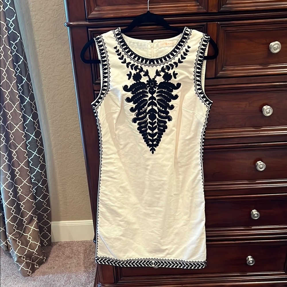 Tory Burch Cream and Black Embellished Sheath Mini Dress